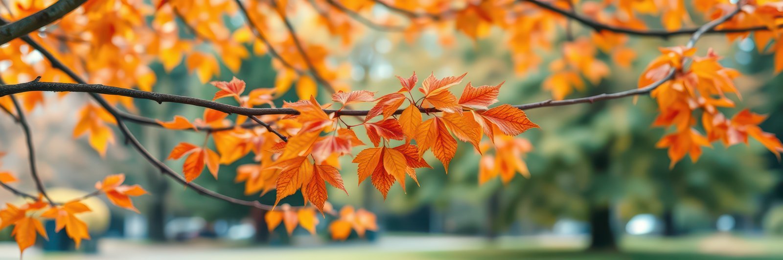 Vibrant autumn leaves on branches showcasing the beauty of fall in a serene park setting